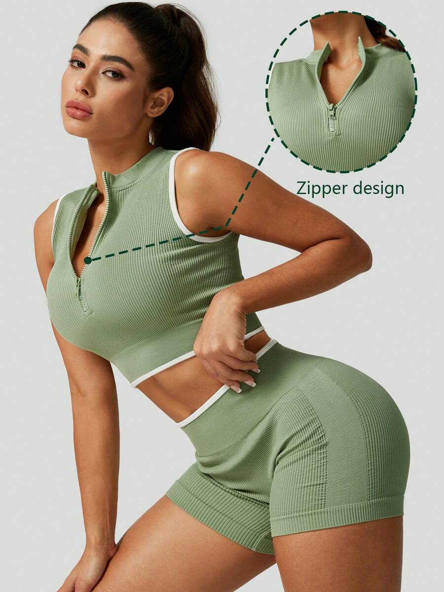 1 Conjunto de ropa deportiva de primavera para mujer con media cremallera, top corto sin mangas y shorts ajustados, de ajuste ceñido