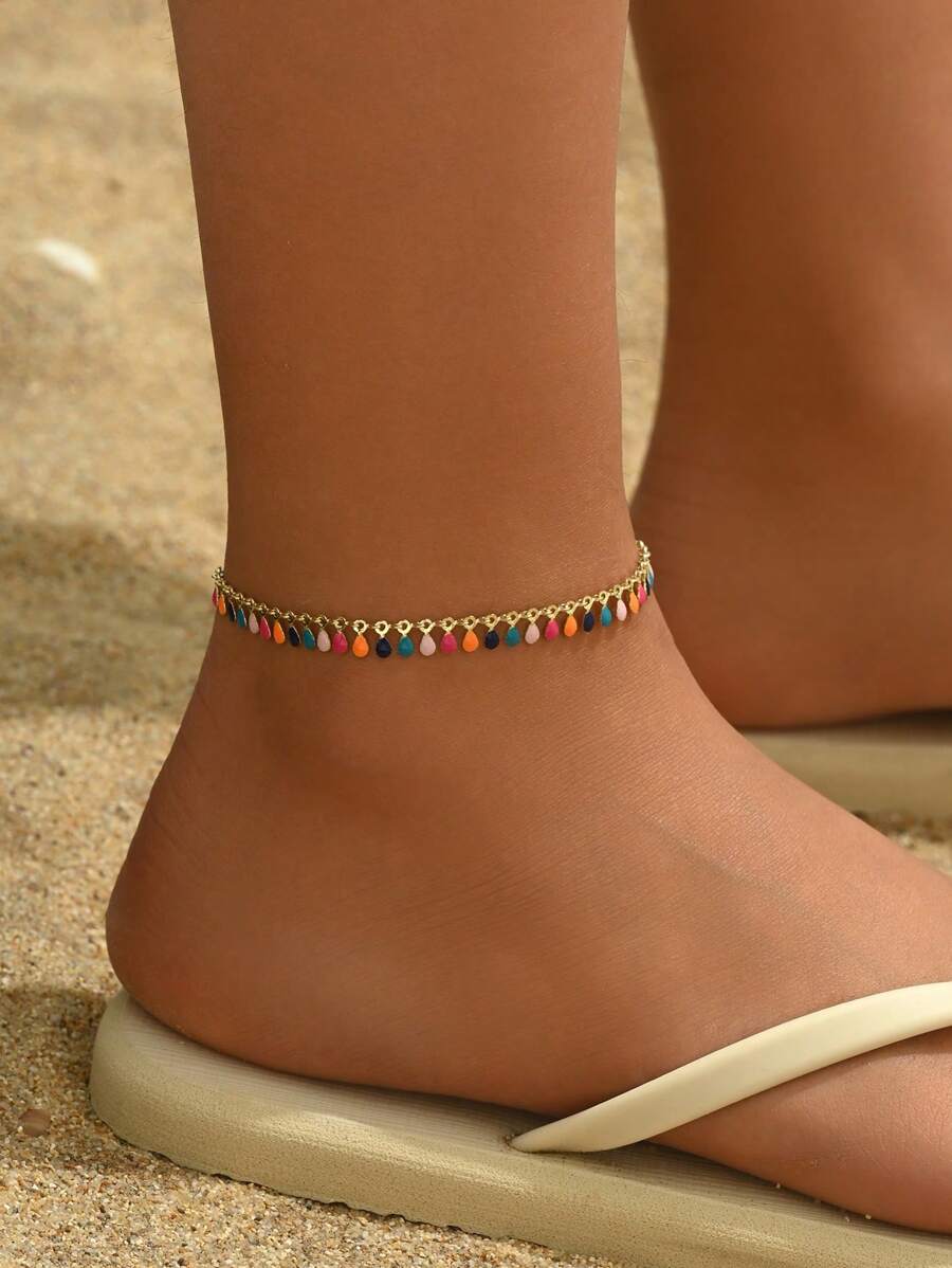 1pc Retro Boho Style Multicolor Crystal Anklet, Suitable For Women Beach Holiday Party Valentine's Day Gift,Mom,Mother,Mother's Day,Gift