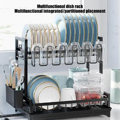 2 Tier Kitchen Sink Dish Drainer Rack With Drip Tray Cutlery Plate Holder Home~