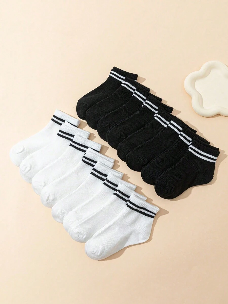 6pcs/10pcs/16pcs/20pcs Kids & Youth Black & White Striped Athletic Socks, Student Back To School Daily Casual Socks, Toddler Mid-Calf Socks 1-3Y