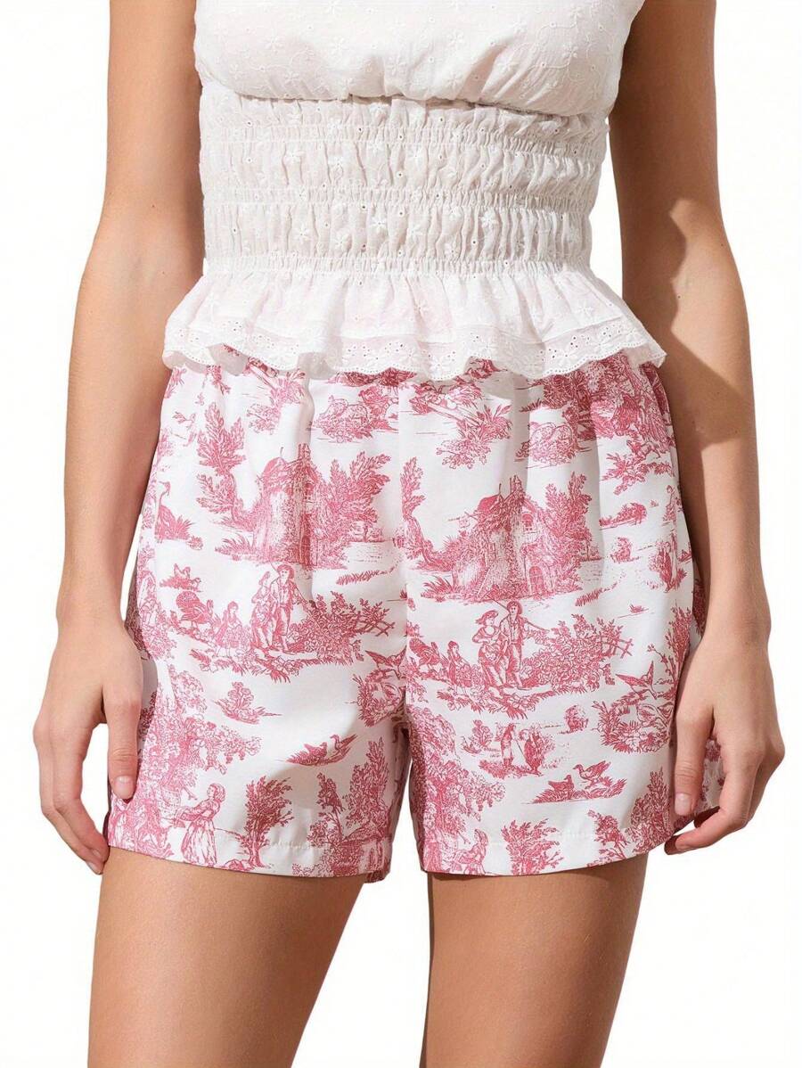 Women's Summer Casual Beach Shorts Elastic Waistband Floral Wide Leg Streetwear Shorts