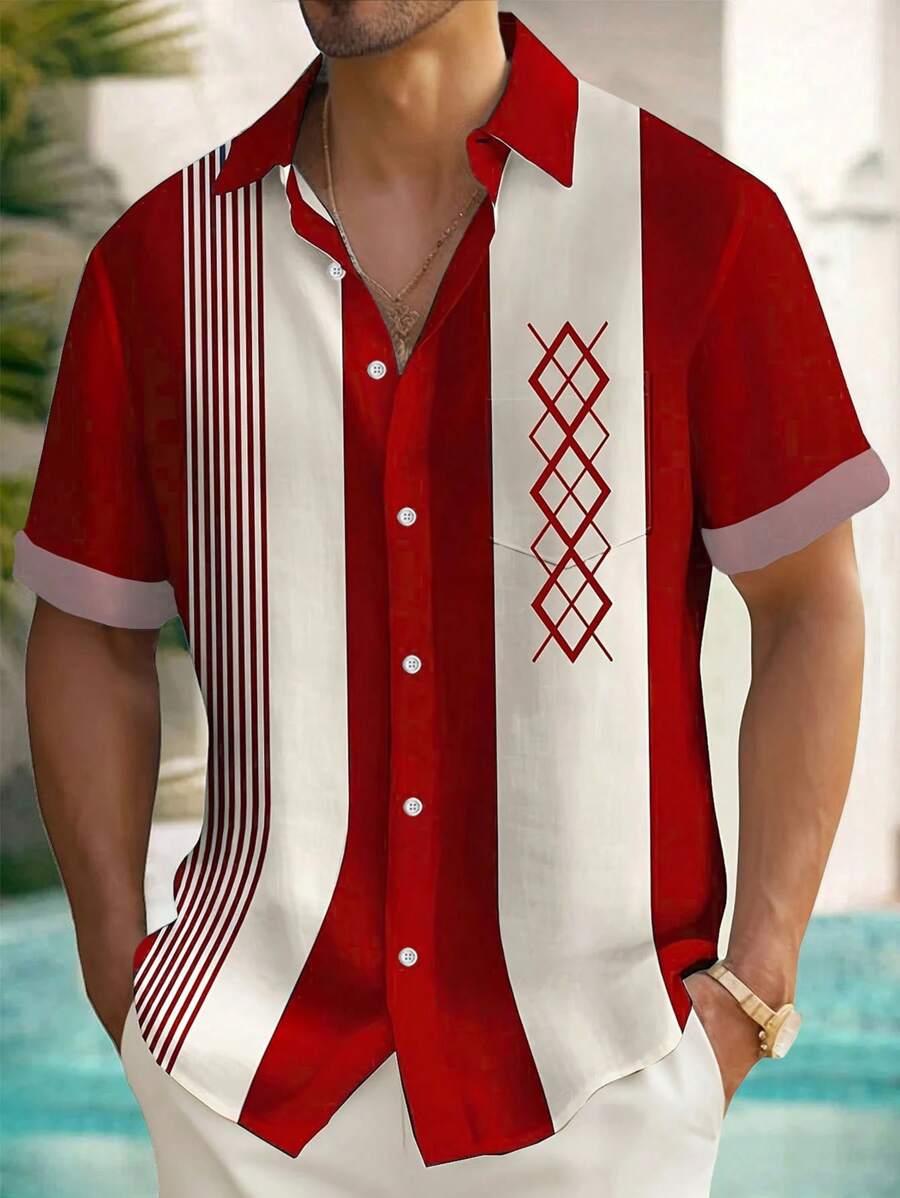 Vintage Bowling Striped Geometric Print Men's Button Pocket Shirt