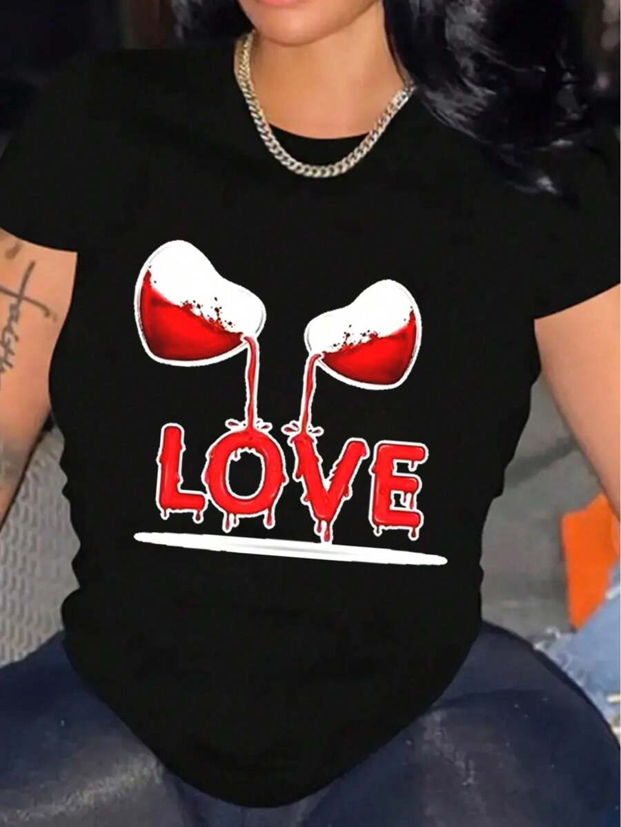 Women Stylish Valentine's Day Love Pattern Printing T-Shirt Cotton Casual Comfy Tees For Daily Wear Tee For Adult, Men, Women, Teen, Teenager, Adolescent, Youth. Tee