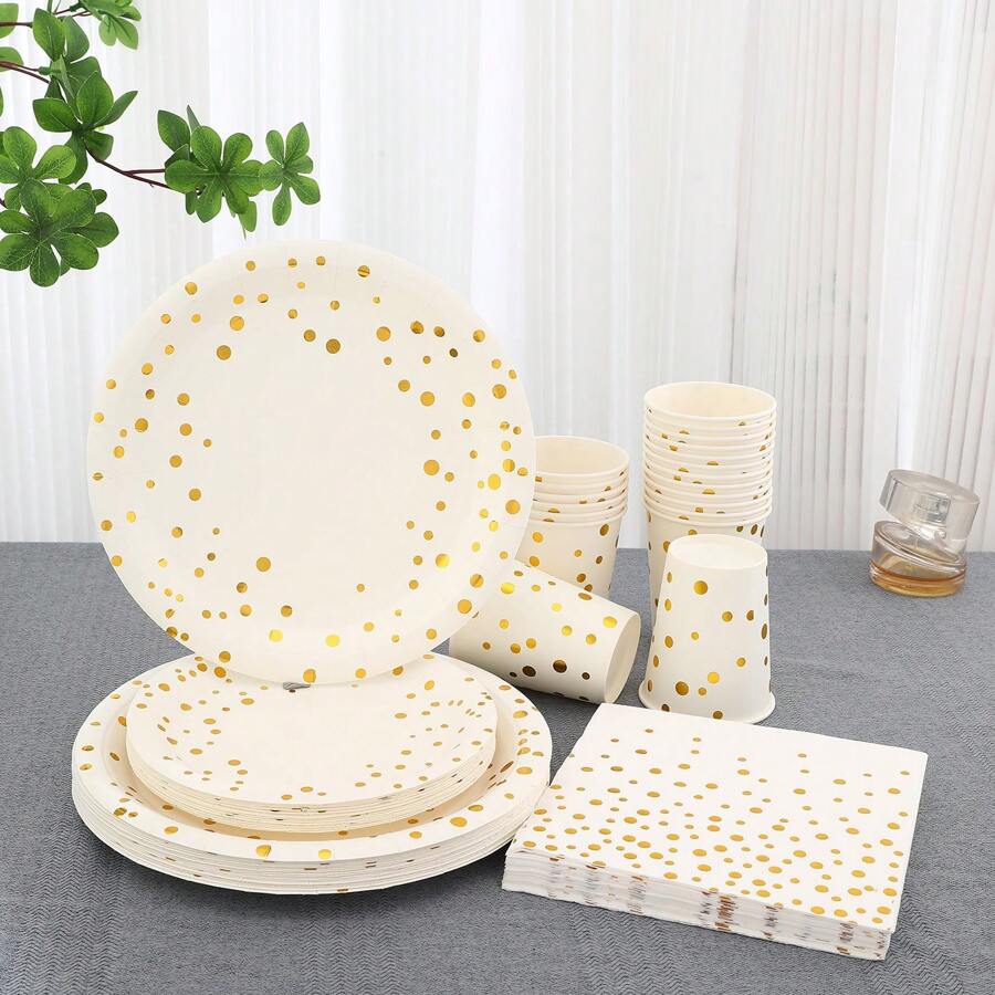 80pcs/Set White & Gold Polka Dot Theme Disposable Party Tableware Set, Suitable For Family Gatherings, Birthday Parties, Weddings, Valentine's Day, Mother's Day, Thanksgiving, Includes 9-Inch & 7-Inch Disposable Paper Plates, Paper Cups, And Napkins