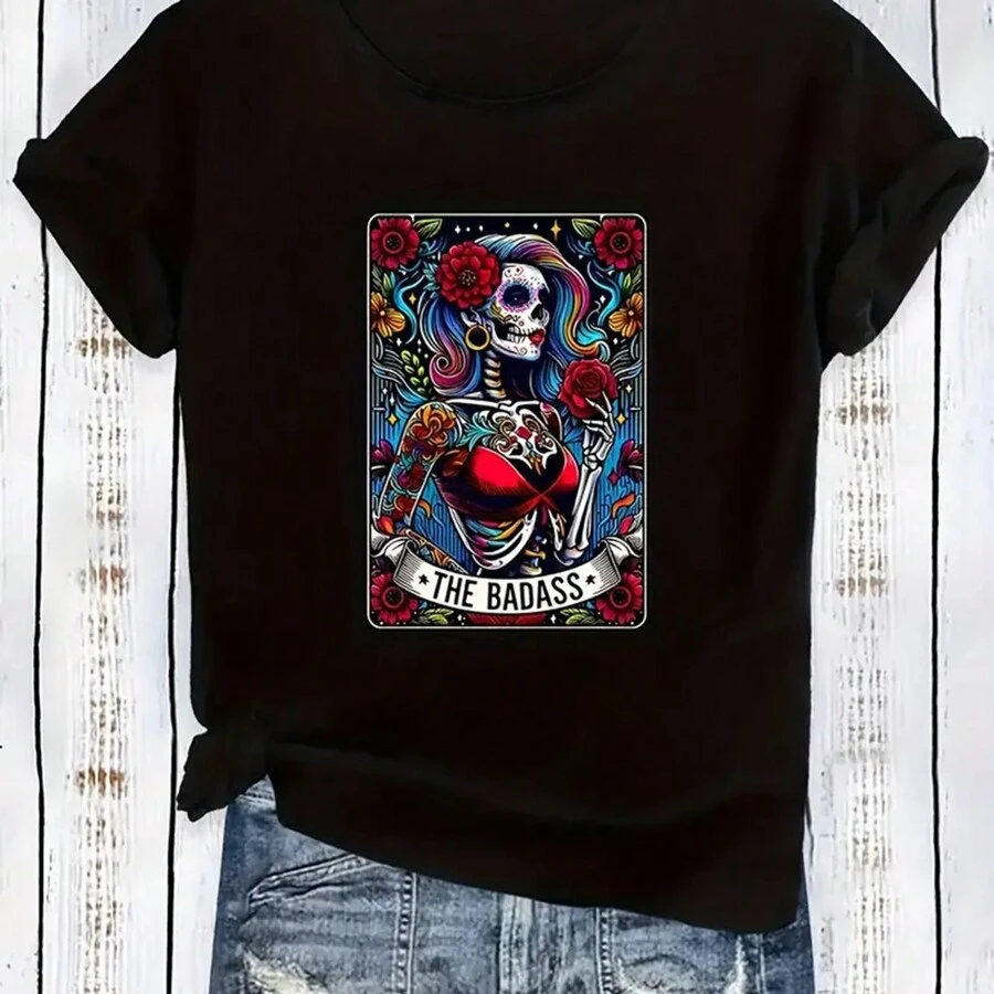 Skull Pattern Printed Women's T-Shirt - Summer Women's Fashionable, Casual, Comfortable And Soft Daily Outdoor Sports And Fitness Pure Cotton Breathable Round Neck Short-Sleeved T-Shirt
