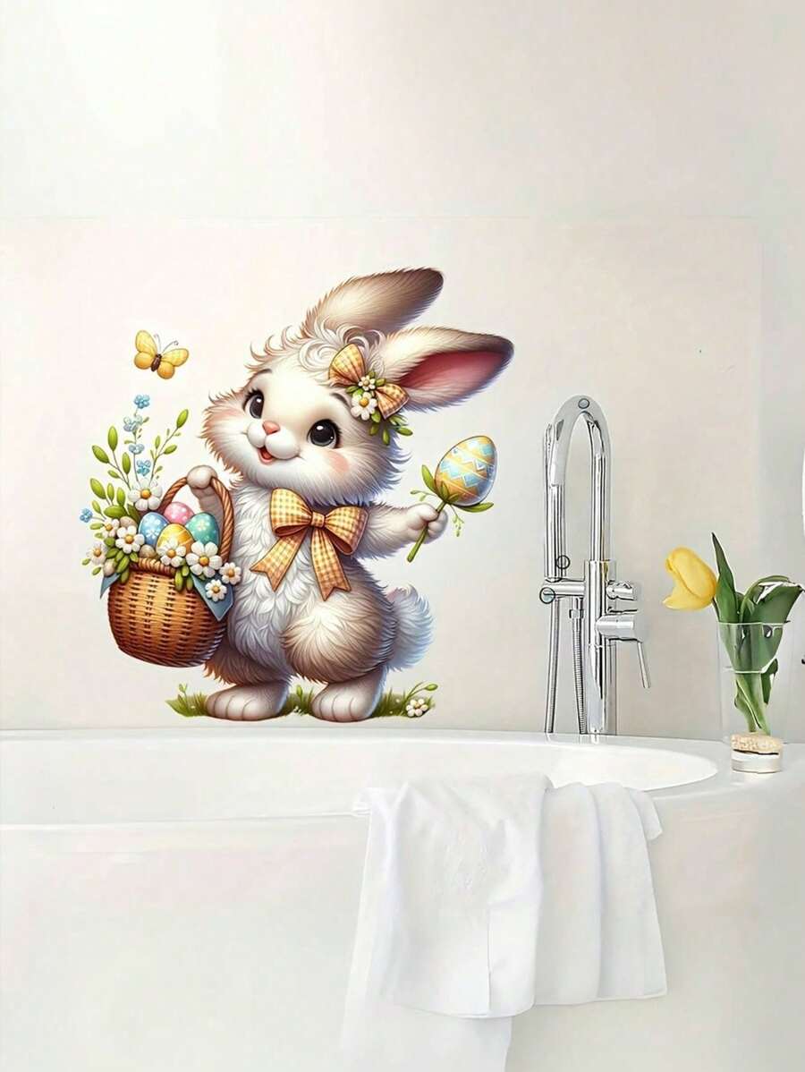 1 pieza Pegatina moderna de conejo y huevo de Pascua para el baño, sala de estar, dormitorio, gabinete del hogar, autoadhesiva, decorativa, gran regalo para fiestas, decoración festiva, agrega un ambiente festivo