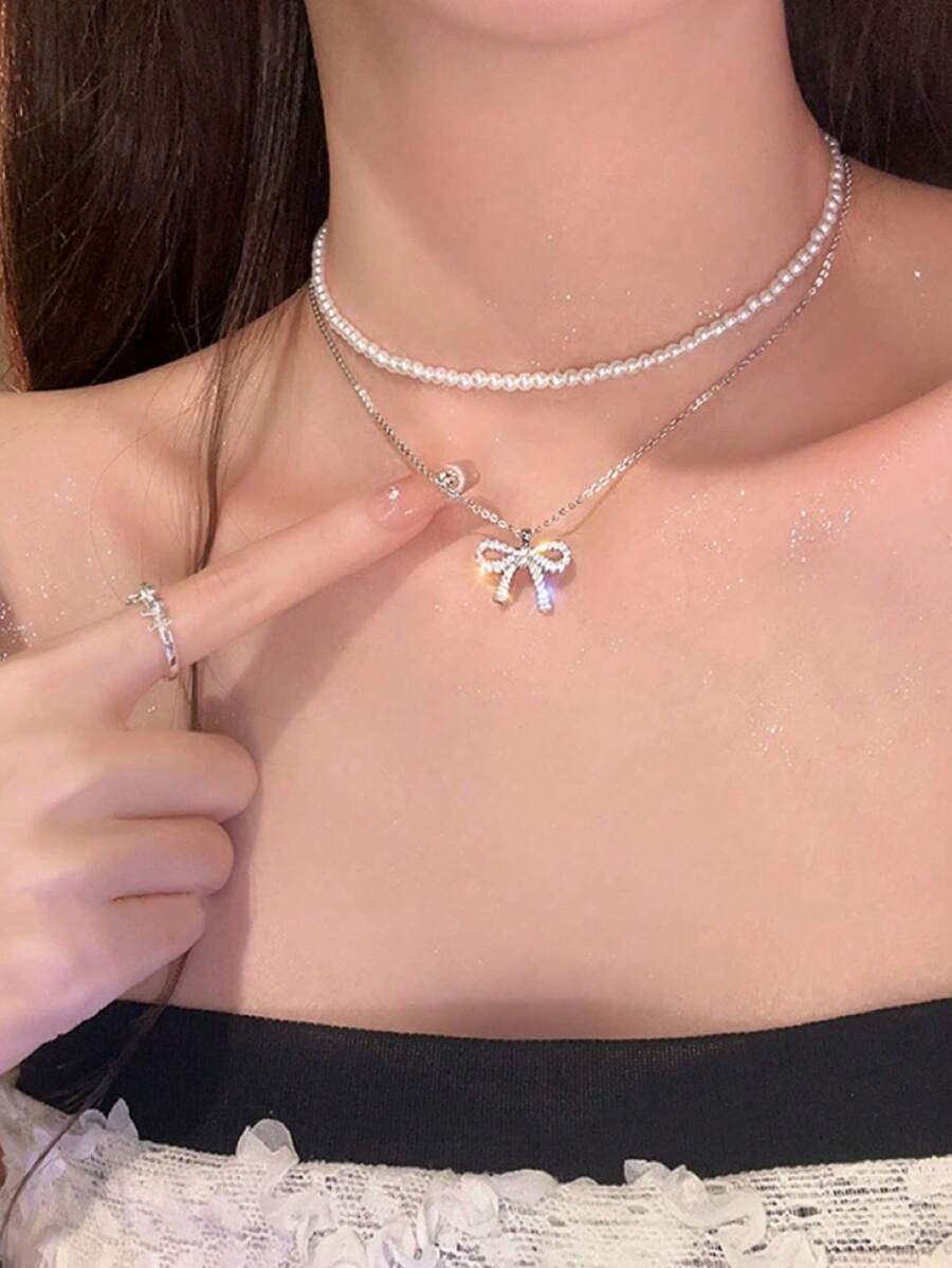 1pc Exquisite Double Layer Rhinestone Bowknot Faux Pearl Necklace, Elegant Delicate Choker & Clavicle Chain Accessory For Women