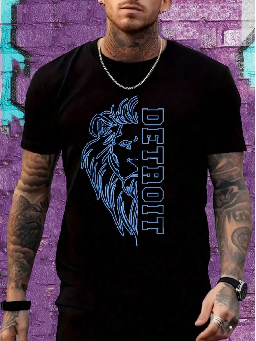 1pc Detroit Lion Print Men'S Casual Cotton T-Shirt, Round Neck, Short Sleeve, Regular Fit, 220G - Comfortable All-Season Top For Casual Outings Tee For Adult, Men,