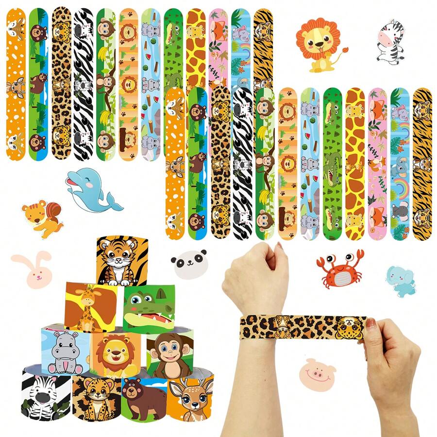 36 piezas Pulseras de golpe con animales de dibujos animados, nuevos artículos de 2025, regalos de cumpleaños, navidad y halloween, pulseras de colores con diseños de animales de caricatura