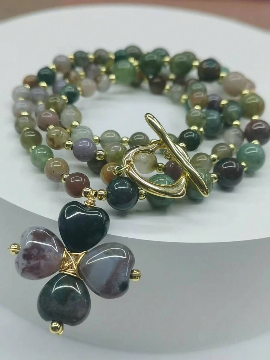 1pc Natural Stone Colorful Multicolor Original Design Four-Leaf Clover Pendant Long Necklace