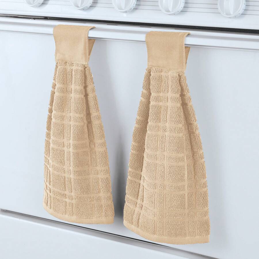 Hanging Tufted Design Kitchen Towels - Set Of 2 - Touch Tab Top Closure - Hangs On Appliances, Drawer Handles - Machine Wash, Cotton - 18"L X 16"W - 3 Colors