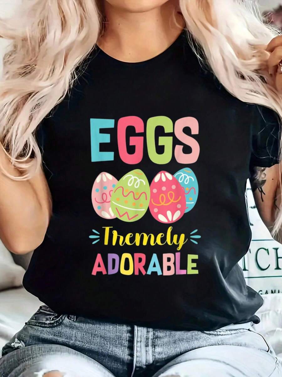 100% Cotton Eggs-Tremely Adorable - Cute Easter Eggs T-Shirt Printed Cotton Women's T-Shirt, Women's Clothing, Short-Sleeved Round Neck Casual Tops For Spring And Summer