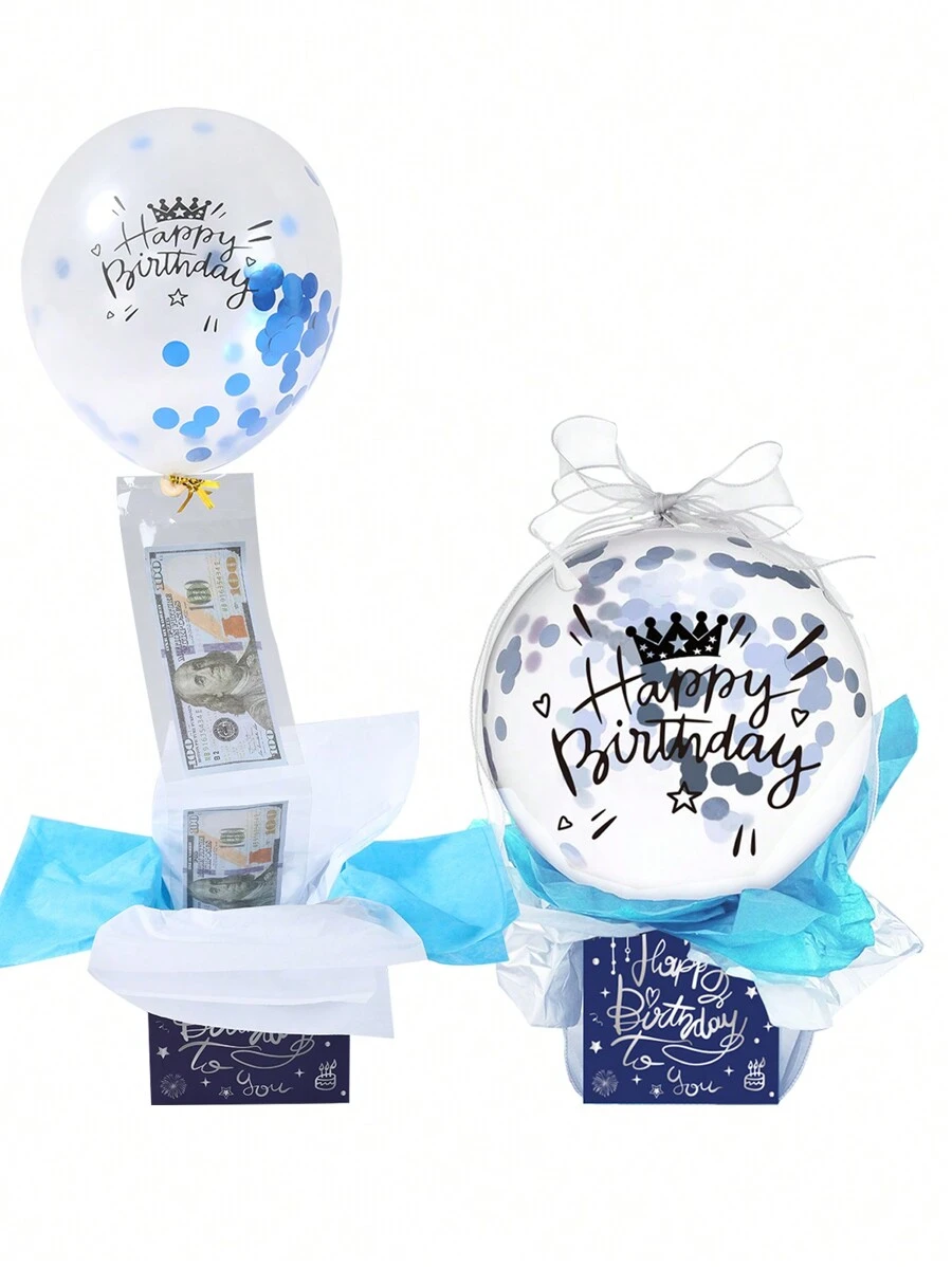 Caja de dinero con tema de globos de cumpleaños, set de 46 piezas. Caja de dinero con globos azules y blancos con tarjeta de efectivo extraíble y bolsas, caja de dinero de papel plegable DIY, caja de dinero con globos de feliz cumpleaños, decoración de fiesta de cumpleaños para el hogar, la habitación y la mesa, ornamento, regalos y recuerdos para fiesta de cumpleaños