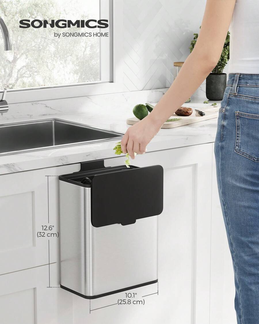 SONGMICS Hanging Trash Can, 2.1-Gallon (8 L) Small Kitchen Garbage Can With Lid, Cabinet Door Hanging Or Wall-Mounted With Hooks, For Under Sink, Bathrooms