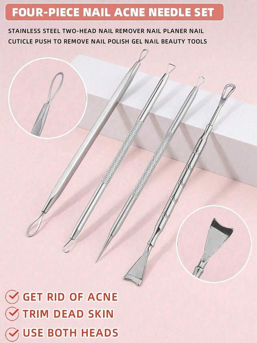 Set di 4 pezzi di strumenti in acciaio inossidabile per la rimozione dell'acne, kit estrattore di punti neri e brufoli con custodia, kit di strumenti di bellezza e trucco