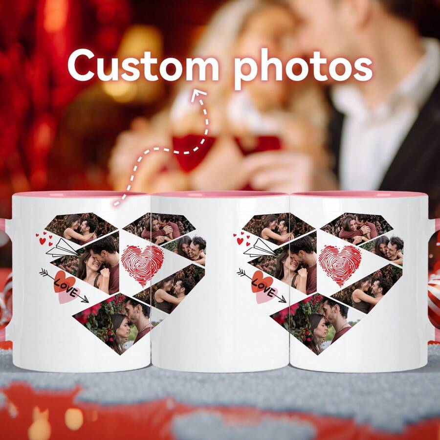1 pièce de 11oz personnalisée avec plusieurs photos, motif d'amour, tasse à eau à fond plat et anse pleine d'amour, série de la Saint-Valentin, tasse à café en céramique, tasse à lait, réutilisable, cadeau de la Saint-Valentin pour elle, convient pour le thé de l'après-midi, la maison, le bureau