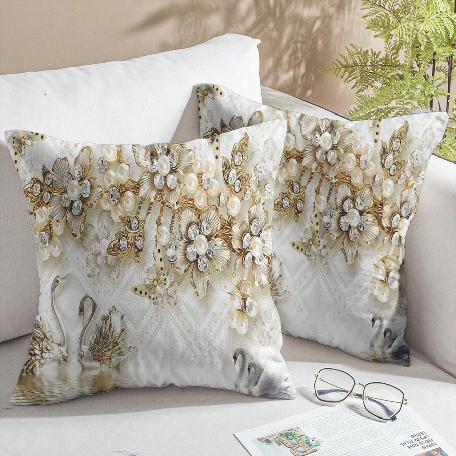 2 stuks pluche stoffen klassieke elegante decoratieve kussenslopen, ruitvormig bloemen- en zwanenpatroon, geschikt voor woonkamer en slaapkamer bank en stoelen (inzetstukken niet inbegrepen), 45x45cm