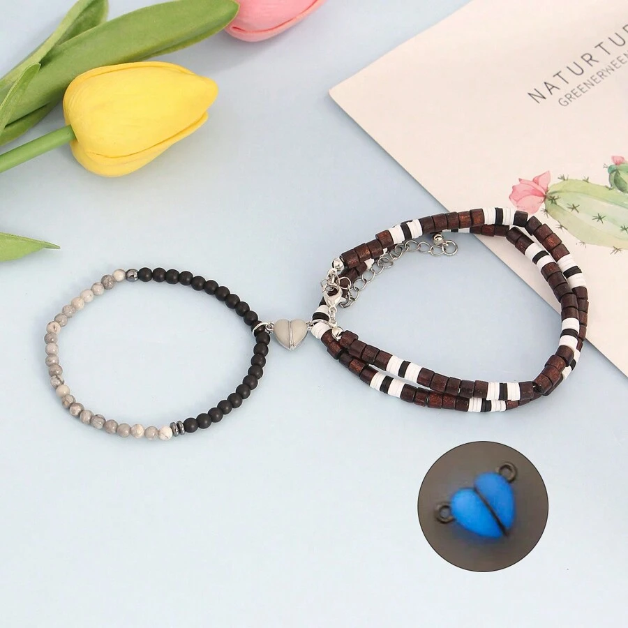 2 pièces/Lot Bracelet à perles de style bohème avec un charm cœur fluorescent, perles en bois, bijou de couple réglable
