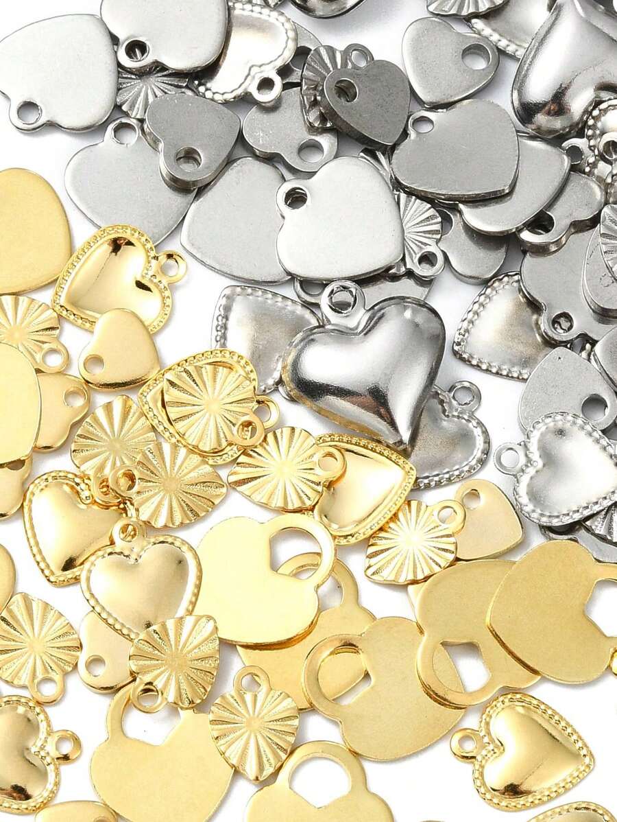 Approx. 100 PCS Mixed Gold And Silver Color Stainless Steel Heart Pendants, Suitable For DIY Jewelry Making And Valentine's/Mother's Day Gifts