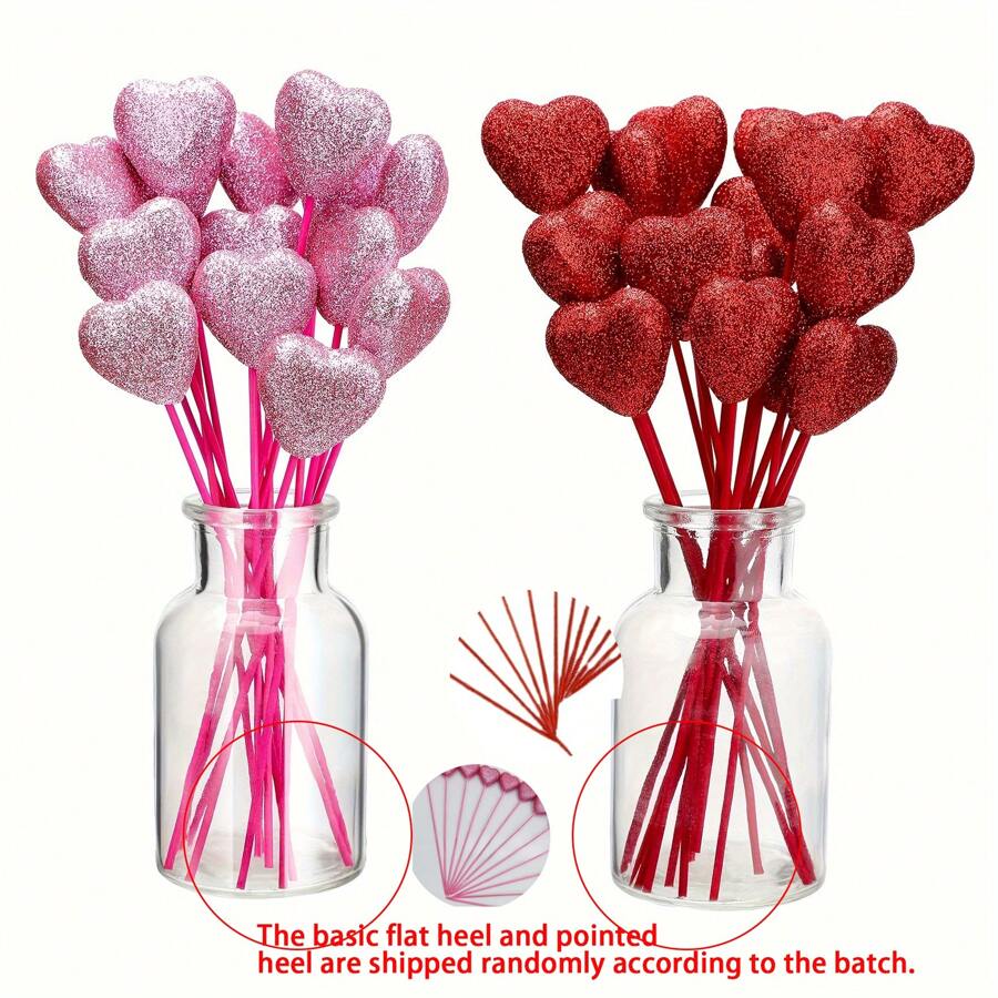 10pcs Glitter Foam Hearts Picks - Red/Pink Sparkly Foam Hearts Stems Wooden Glitter Heart Picks Puffy Heart Topper - For Valentine's Day, Weddings & Flower Arrangements - Perfect For DIY Decorations & Party Favors