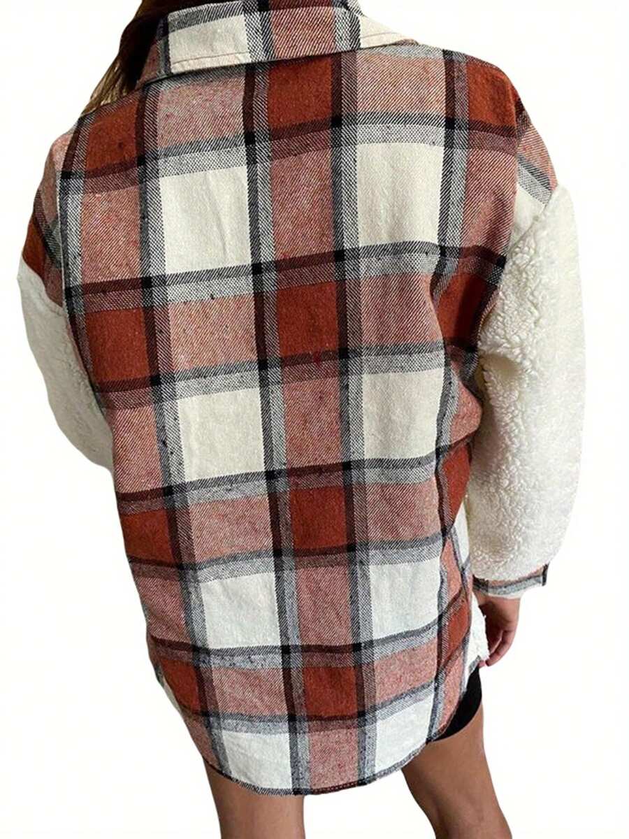 Womens Coat, Warm Long Sleeve Stitching Plaid Pocket Jacket For Vacation Travelling Party Holiday