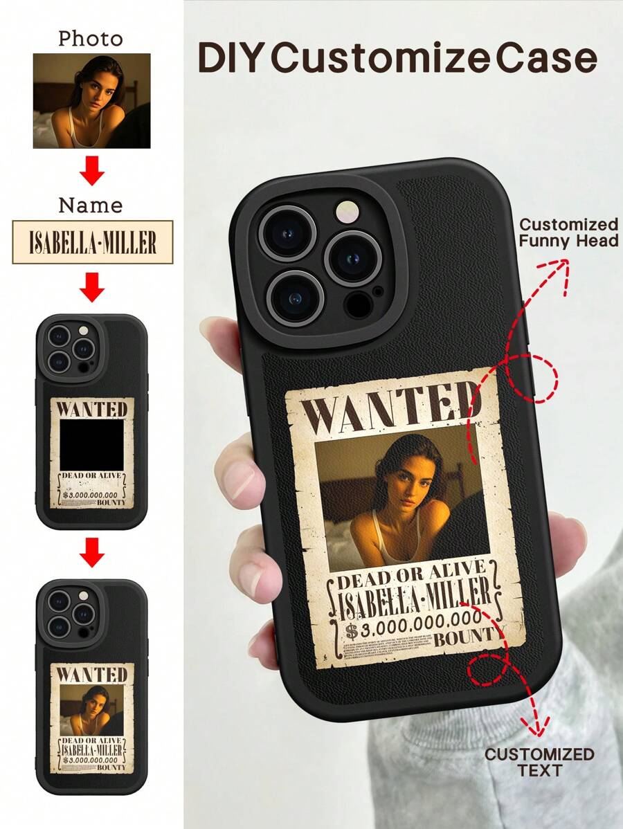 1 Stück individualisierter coole Leder Handyhülle für 16 Pro Max, modische mit Fotos und Namen personalisierte einfarbige schwarze Handyhülle kompatibel mit 11/12/13/XR/Xs Max/13, coole "Wanted Order" designte Apple 15/16 Handyhülle, weiche flexible Leder Handyhülle für Redmi 14C/Redmi A3/Redmi 13C -5G/Redmi Note 14 Pro 5G
