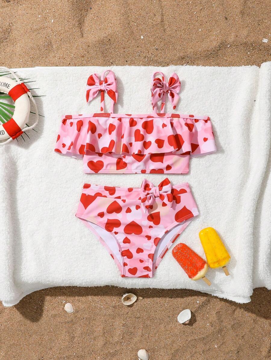 2pcs/Set Young Girl Heart Print Adjustable Shoulder Strap Swimwear & Sports Outfit, Suitable For Outdoor Summer Vacation
