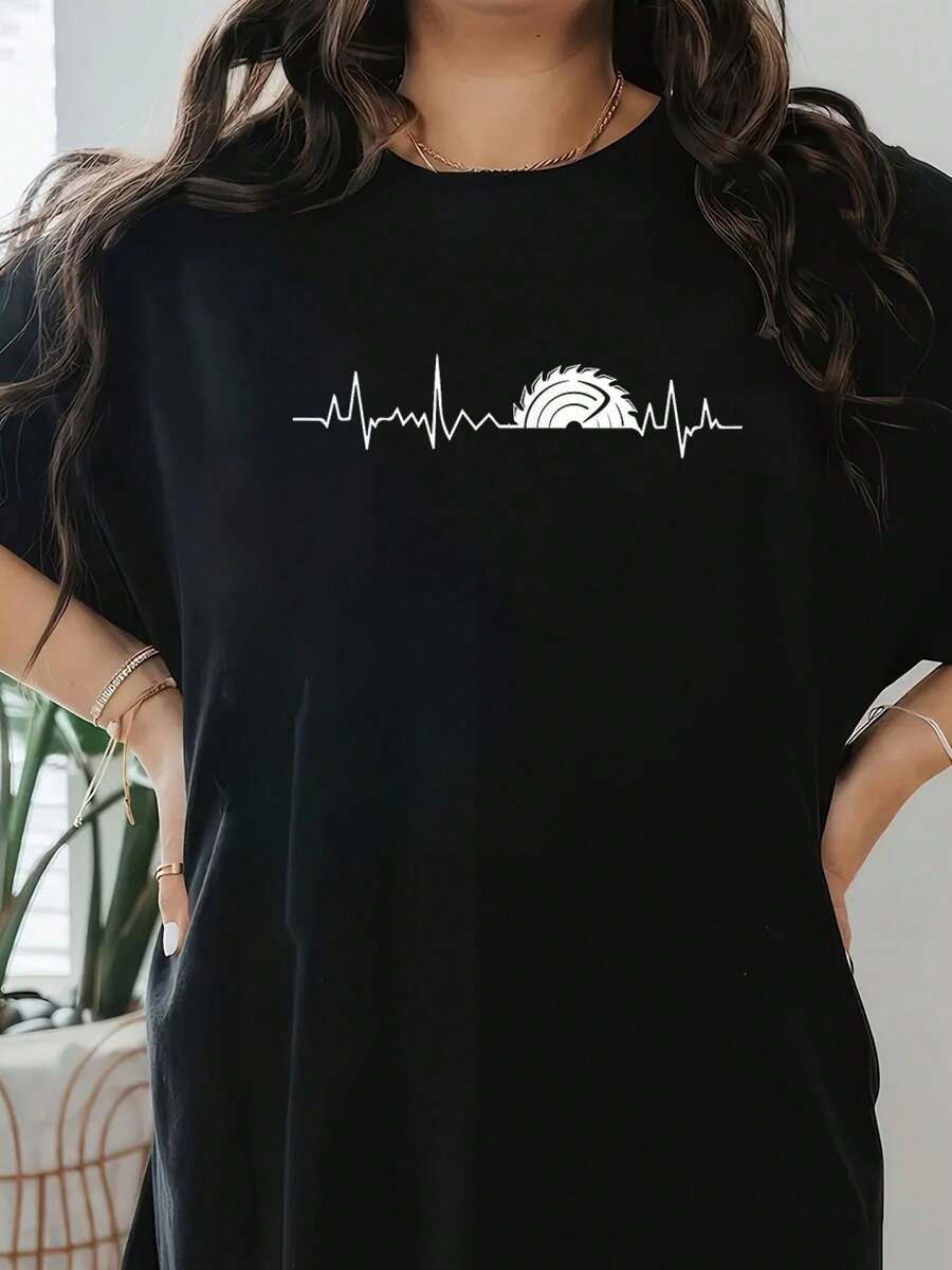 100% Cotton Retro Woodworking Heartbeat Women T Shirt, Short Sleeve Round Neck Casual Top For Summer & Spring, Women's Clothing