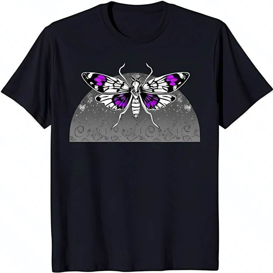 Stylish Black T-Shirt With Stunning Moth Graphic In & White On Gray WoWoMiss's Sports Cotton Short-Sleeved T-Shirt