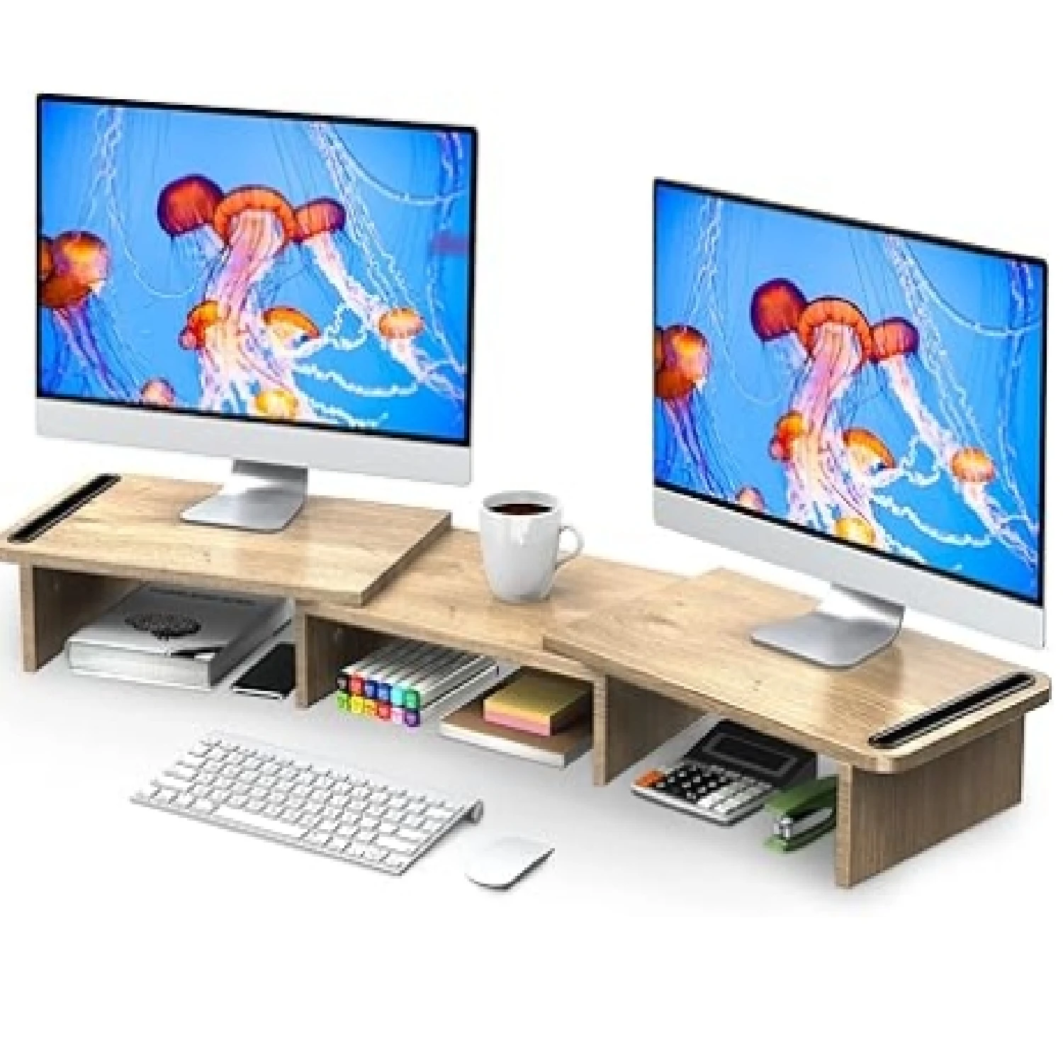 Dual Monitor Stand Riser, Monitor Stand With Adjustable Length And Angle, Wood Monitor Stand For Desk, Monitor Riser For 2 Monitors With Storage Space (Oak Large)