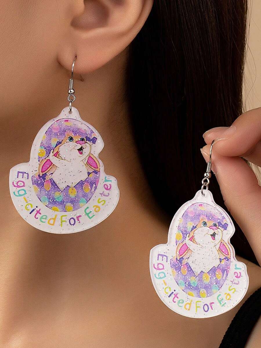 1 paar schattige gepersonaliseerde modieuze acryl bedrukte konijnen- en ei-hangeroorbellen voor vrouwen, Pasen