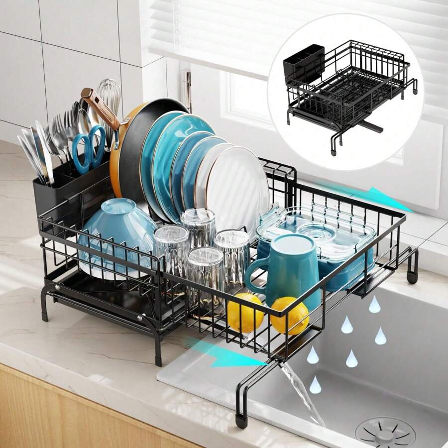Expandable Dish Drying Rack With Drainboard - Anti-Rust 2-In-1 Sink Dish Racks For Kitchen Counter And Sink, Dish Drainer With Pan Slot And Utensil Holder For RV And Apartment, Black