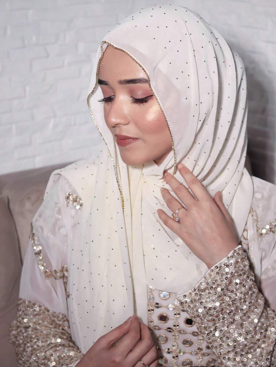 1pc Women's Rhinestone Chain Chiffon Headscarf, Islamic Fashion Solid Color Scarf, Muslim Sunscreen Hijab Headwrap, Suitable For Daily Wear