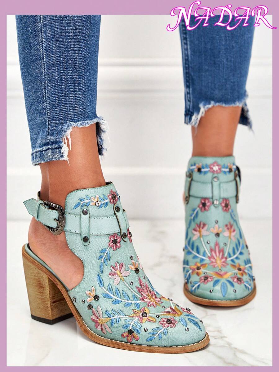 Blue Flower Printed Sandal Booties, Strappy Buckle Detail Chunky High Heel