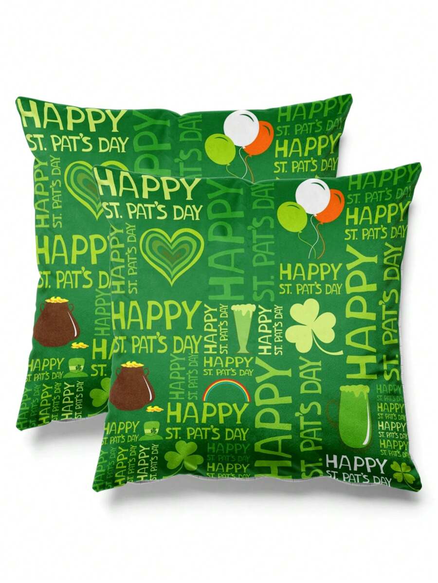 1 Pc Green Four-Leaf Clover St. Patrick's Day Pillowcase, Personalized Creative Text & Graphic Festival Celebration Home Decor For Living Room, Sofa, Bedroom, Printing Position Random, Without Pillow Insert Gifts Birthday Graduation