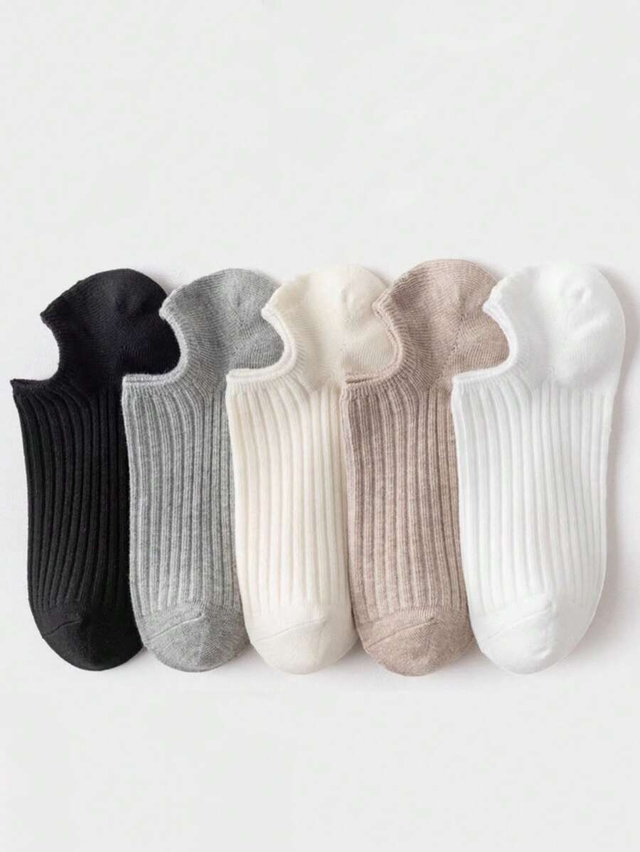 5 Pairs Women's Solid Color Rib Ankle Liner Short Invisible Socks, Thin Breathable Non-Slip Hidden Boat Socks For All Seasons
