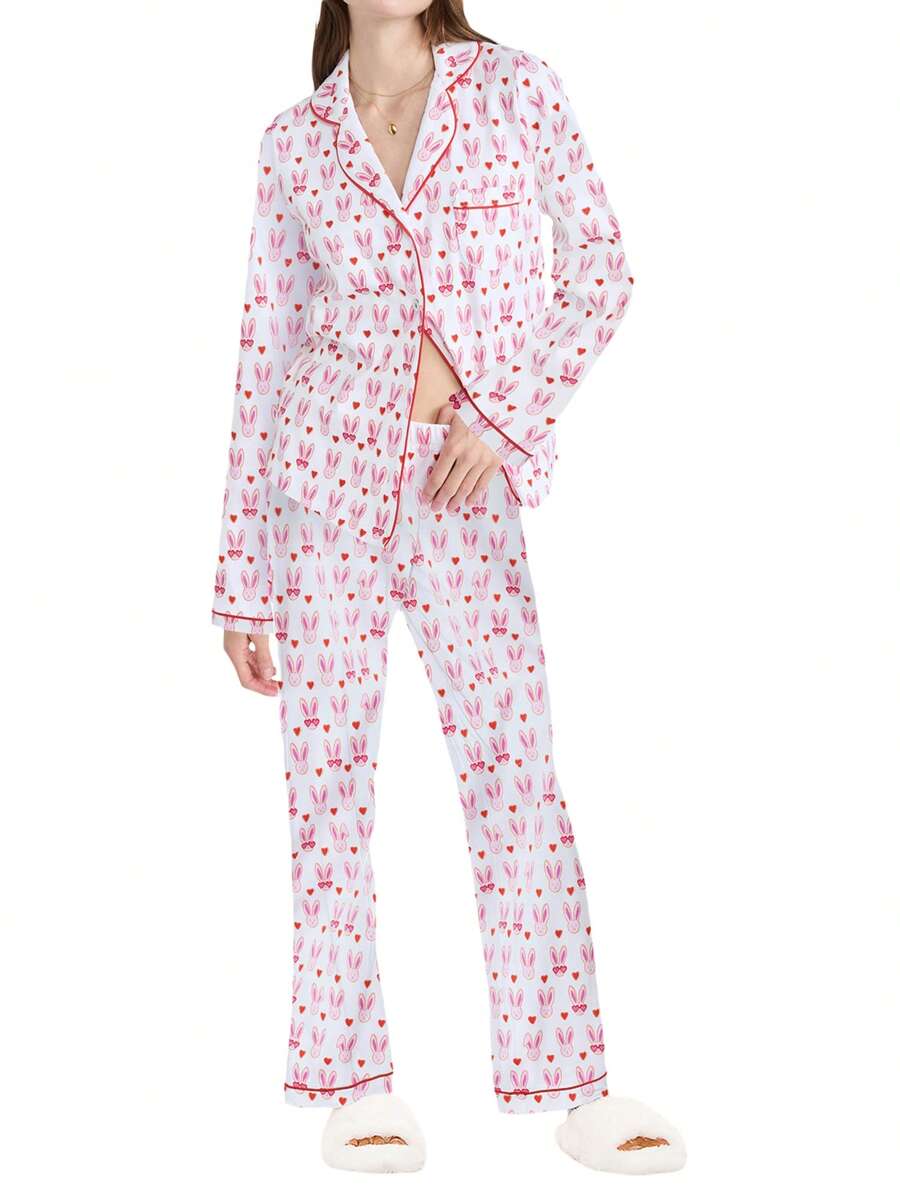 Women 2 Piece Easter Outfits Pajamas Sets Y2k Cute Bunny Print Long Sleeve Button Down Shirt Tops And Elastic Waist Wide Leg Long Pants Set Beach Vacation Streetwear Clothes Sleepwear Lounge PJs Sets