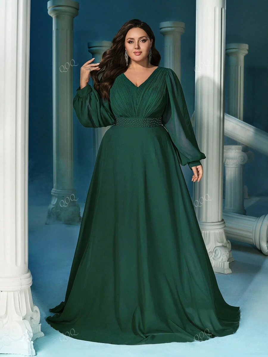 QOQ Elegant Dark Green Plus Size V-Neck Lantern Sleeve Faux Pearl Decoration Waist Gown Dresses, Party Dress, Wedding Guest Dress, Formal Dress, Evening Dress