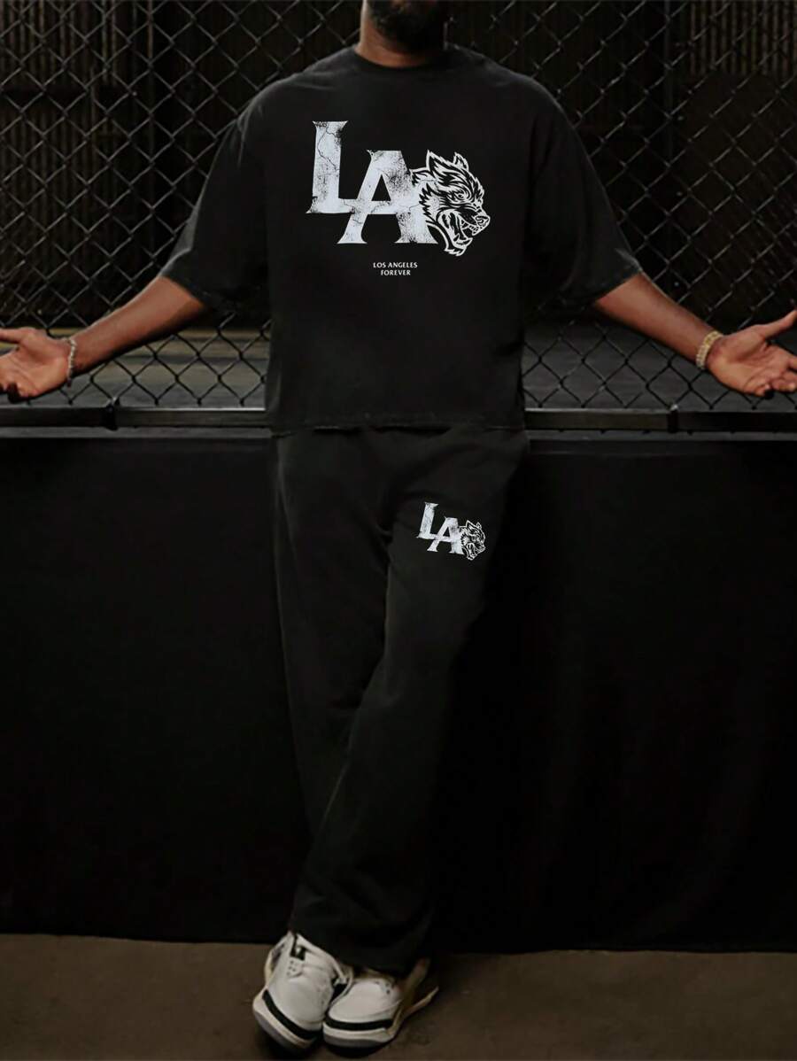 2 Pieces Short-Sleeved Straight-Leg Pants Set, Street LA Tiger Pattern Casual Short-Sleeved And Straight-Leg Pants, Suit, Black Round Neck Short-Sleeved Suit, Short-Sleeved Suit, Long Pants Suit