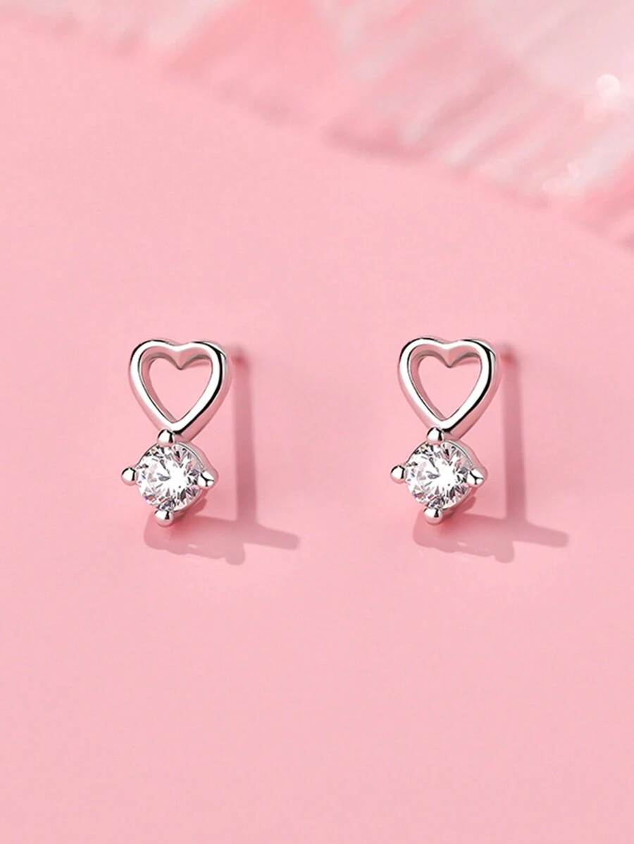 1 paire de boucles d'oreilles à tige en argent sterling 925 en forme de cœur creux avec zircone cubique, livrée dans un élégant écrin cadeau