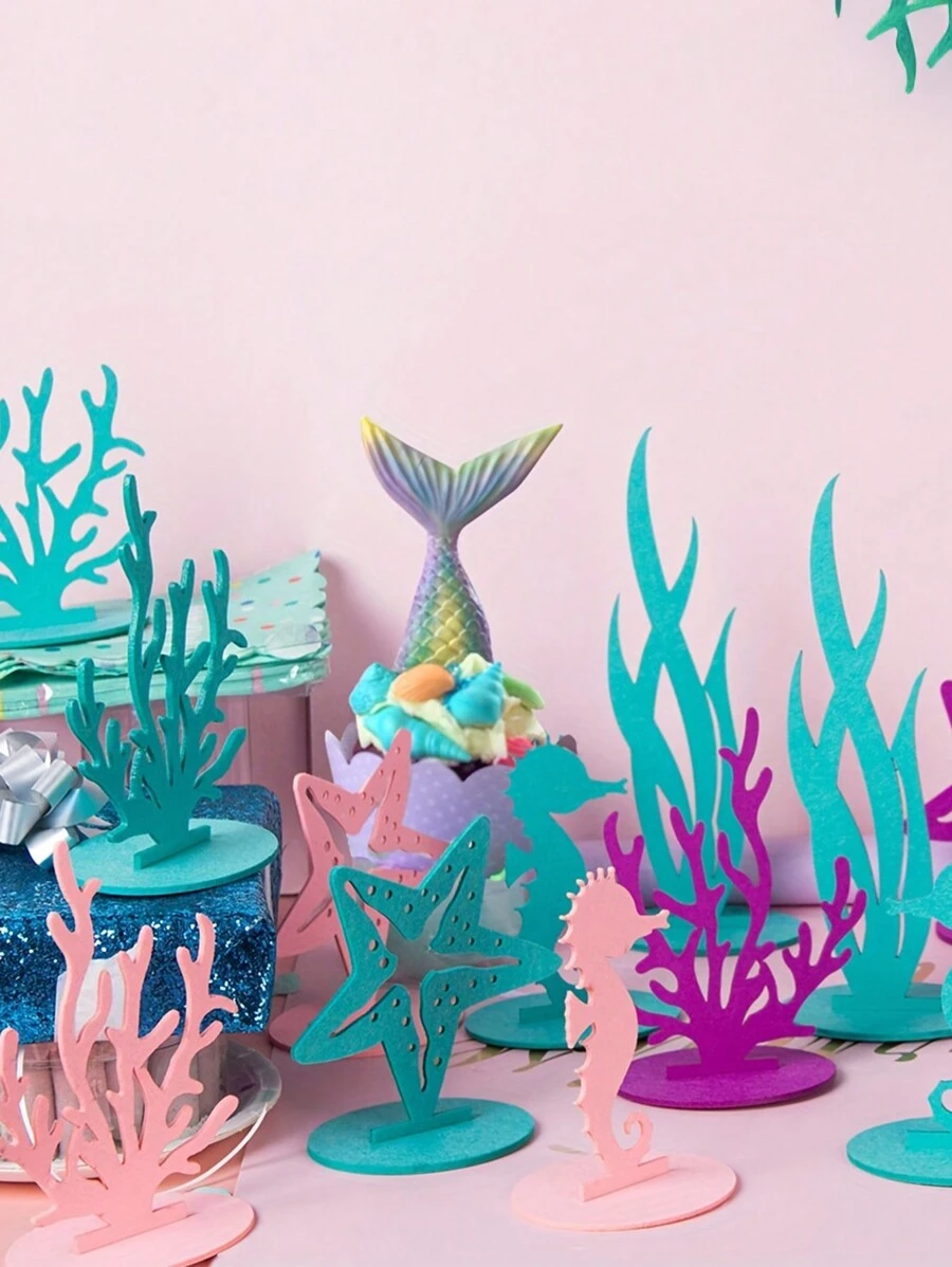 10pcs Felt Underwater World Tableware Decorations, Centered On A Mermaid Princess Themed Birthday Party Tabletop, DIY Furniture, Suitable For Birthday Party, Home Decor (5 Styles, Random Colors), Party Promotion, Back To School, Carnival