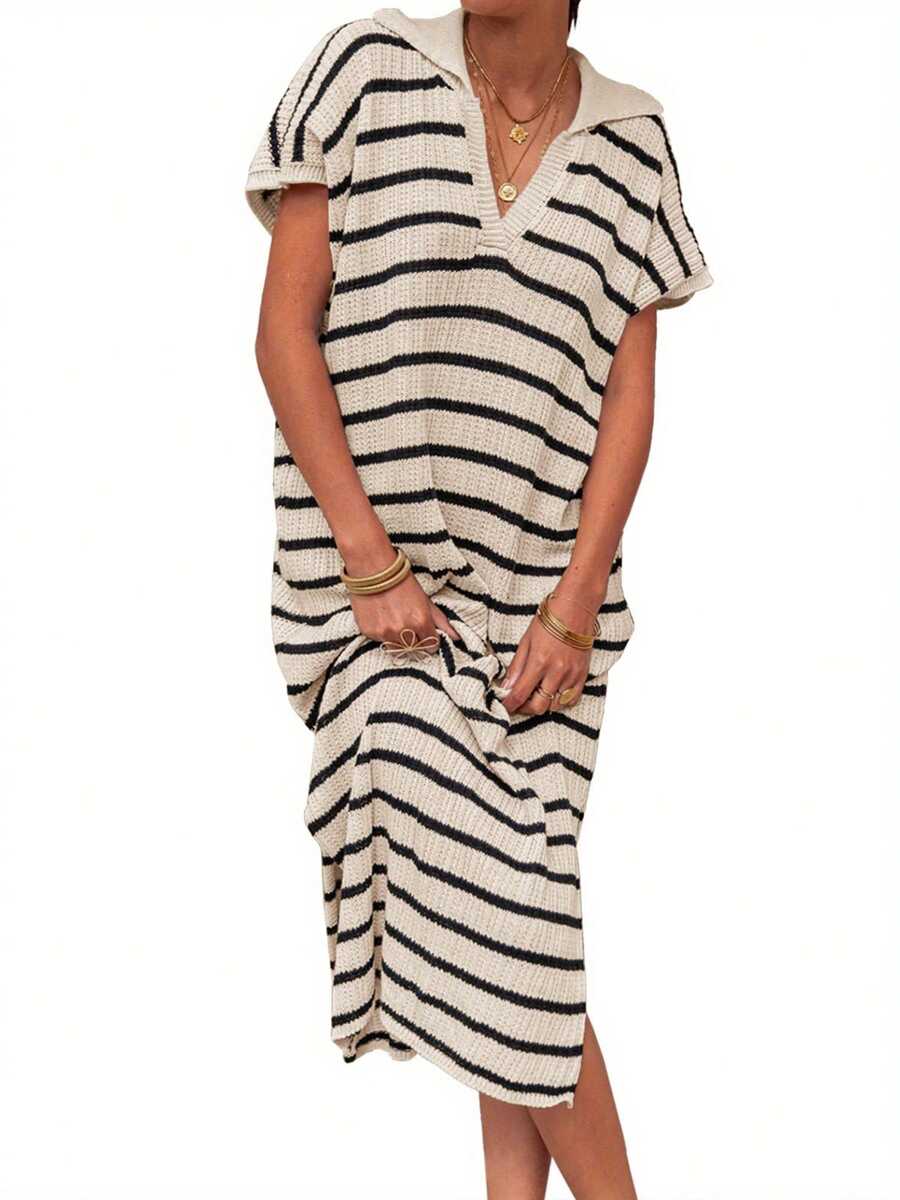 Women's Knit Midi Dress Short Sleeve Lapel Collar Striped Print Long Dress Going Out Dress