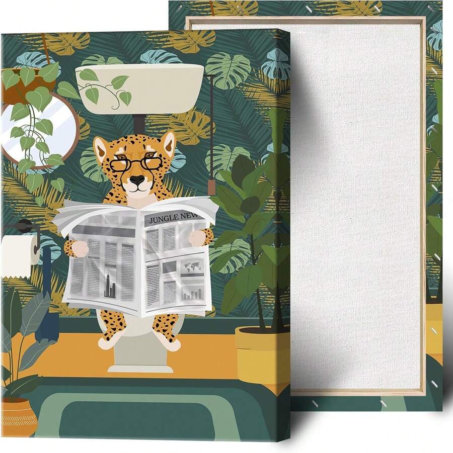 1pc Canvas Print Funny Cheetah Reading Newspaper On Toilet Print Painting Fashion Tropical Plant Wall Decor Picture Print Craft Canvas Decor Framed Ready To Hang.