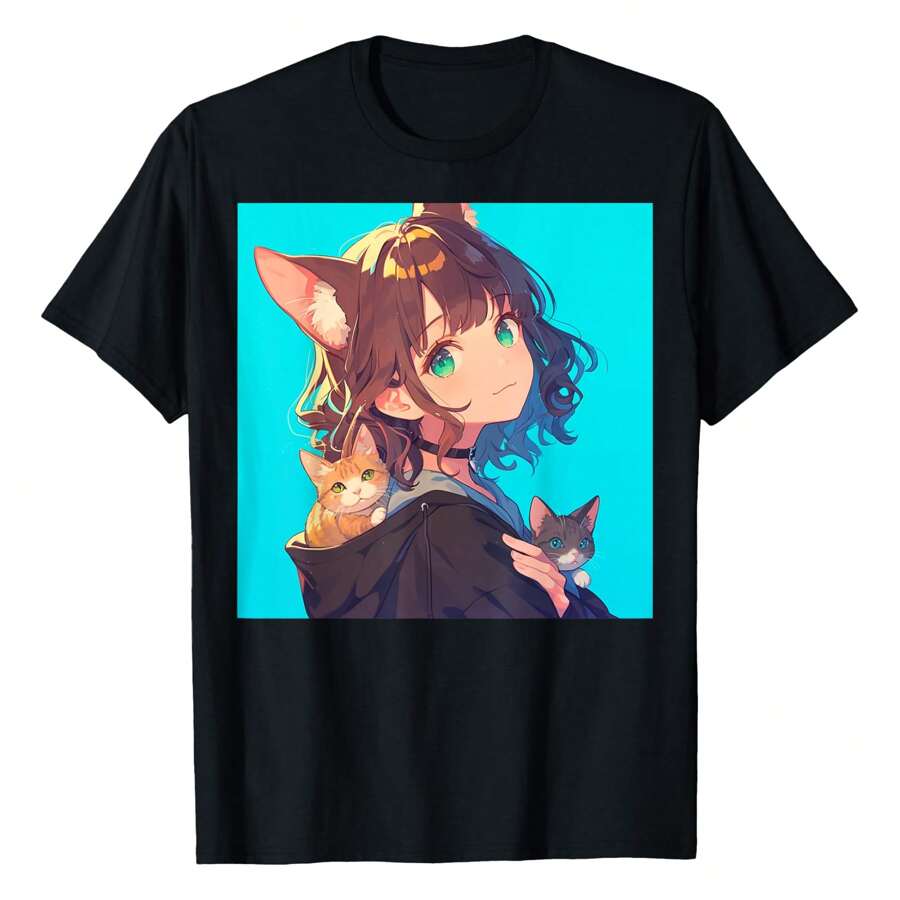 Anime And Cats Lover For Teen Manga Kawaii Graphic Otaku T-Shirt,220g Pure Cotton Single-Sided Printed Round Neck Short Sleeved Shirt.