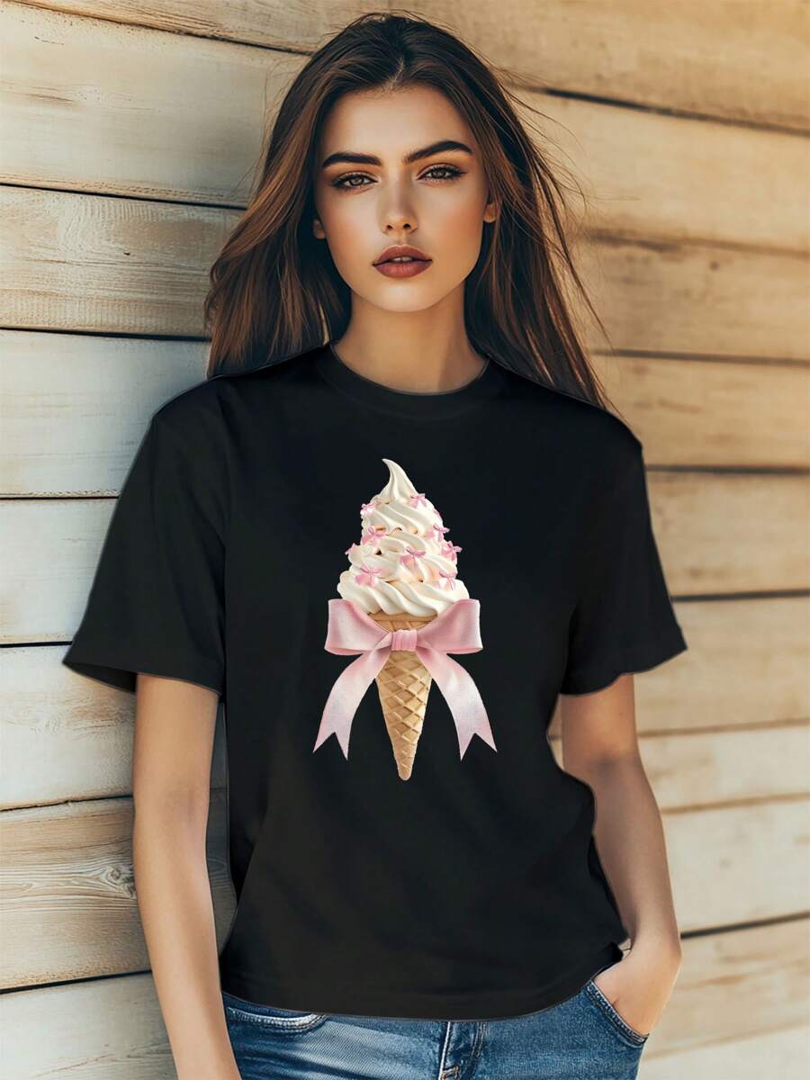 Women's Valentine's Day Love Cartoon Cool Print T-Shirt Fashion Short Sleeve Round-Neck Slm Fit Tops Summer Casual Streetwear