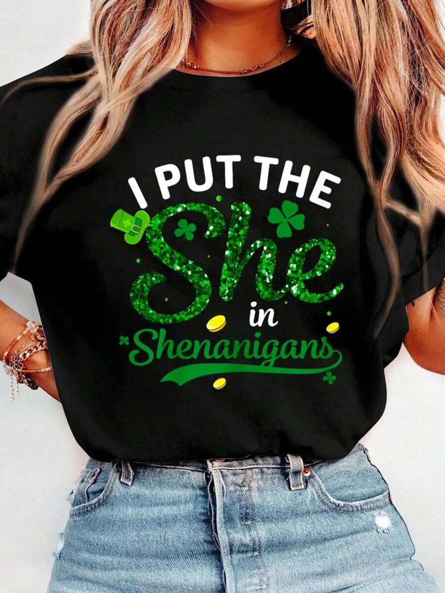 I Put The She In The Shenanigans Shirt St Patricks Day Women T-Shirt Crew Neck Short Sleeve T-Shirt, Casual Print Graphic Cotton Tees Women Tops