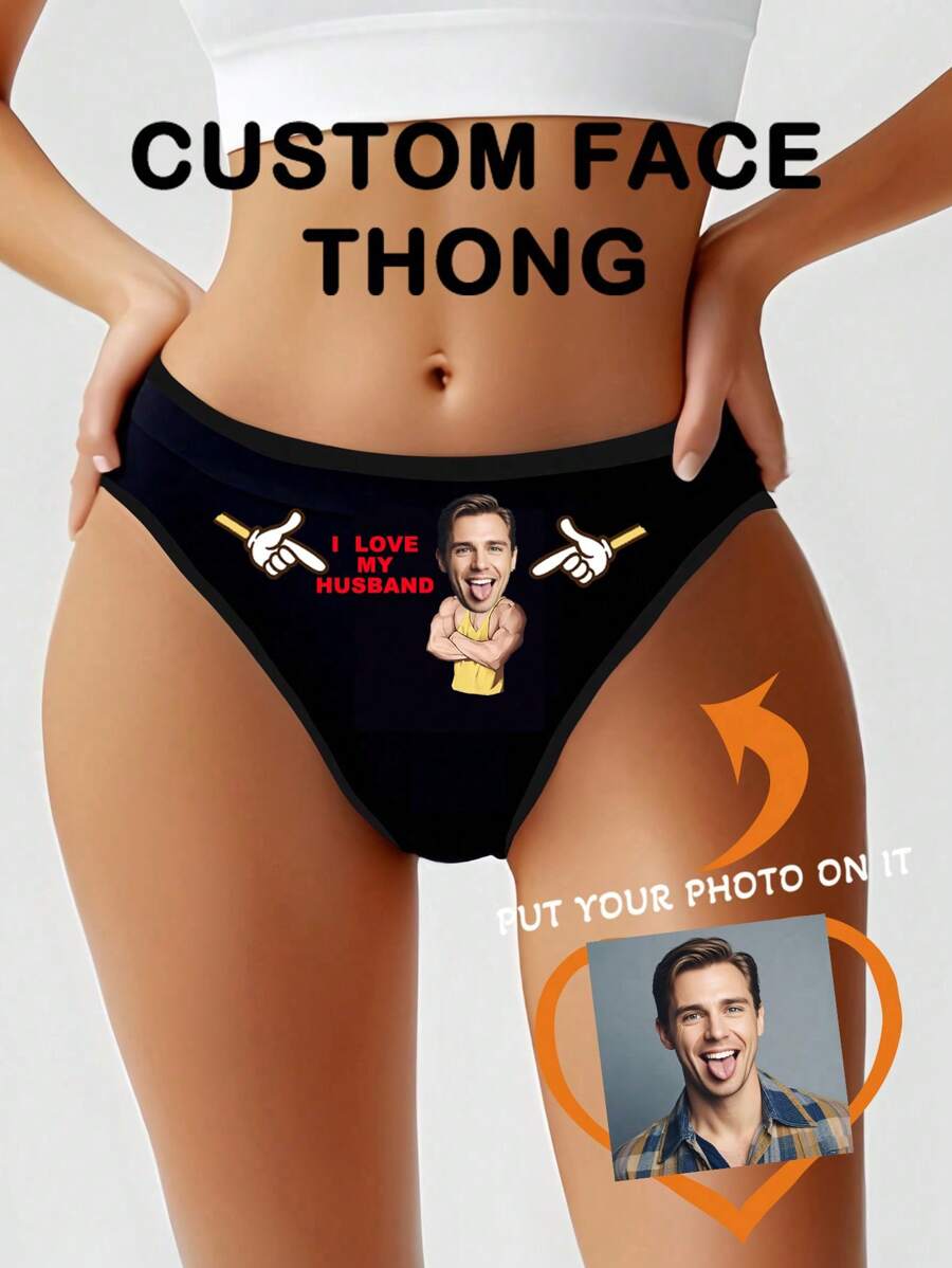 1 pieza Tanga personalizado de cintura baja sexy con elástico, pantie transpirable con foto e impresión de letras inglesas de Navidad, regalo de aniversario para novio/esposo
