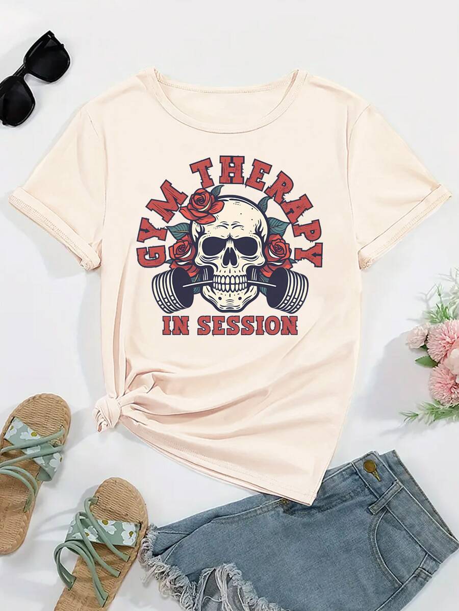 Skull Print T-Shirt, Short Sleeved Round Neck Casual Top, Spring And Summer Casual Women's Clothing