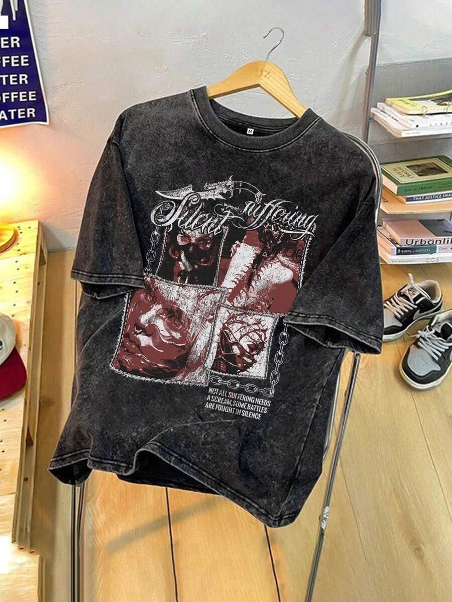 Camiseta de Manga Curta com Estampa Gráfica de Retrato Vintage Lavada para Homens, Camiseta Retrô de Uso Urbano