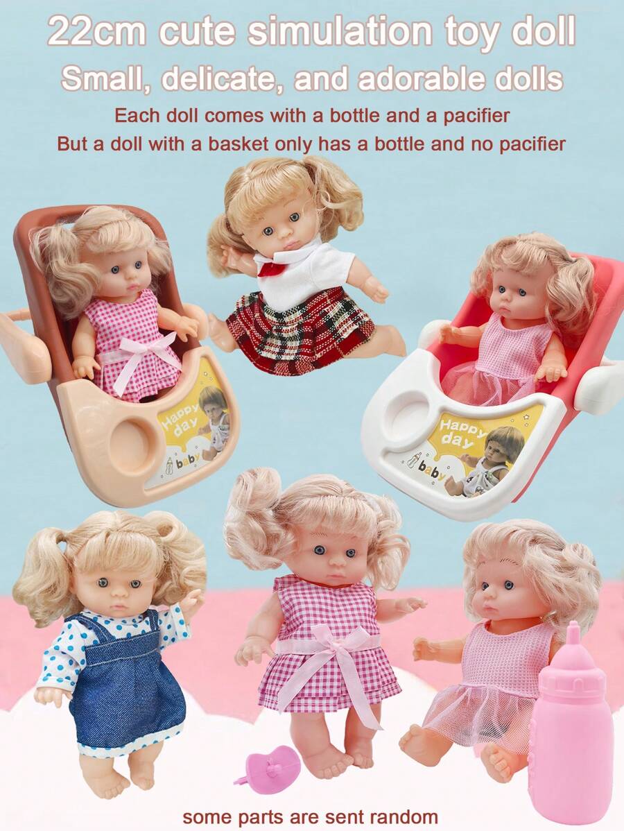 Muñeca realista miniatura de 22cm para niños, muñeca de juego informal con chupete, botella y accesorios de cesta de mano, muñeca de niña realista con ropa desmontable y cabeza giratoria 360°, regalo de cumpleaños/festividad para niñas (cada muñeca viene con 1 botella + 1 chupete, las muñecas con accesorios de cesta de mano no incluyen chupete, solo botella)